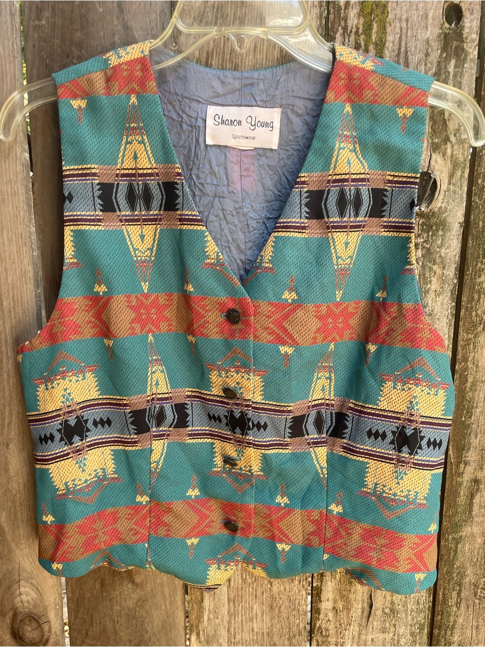 Vintage Teal Southwestern Aztec Patterned Button-Front Vest